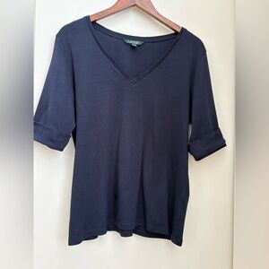 Lauren Ralph Lauren Capri Navy V-Neck Blouse Top Size: XL